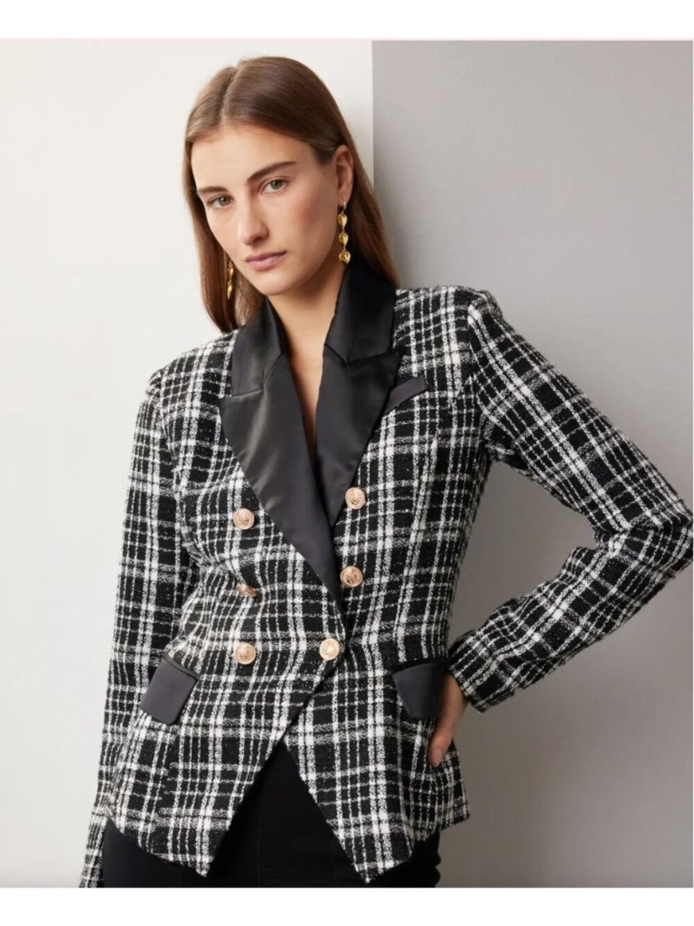 Rachel Parcell Women's Plaid Tweed Double Breasted Satin Lapel Blazer Sz 4 3151 - Picture 2 of 16